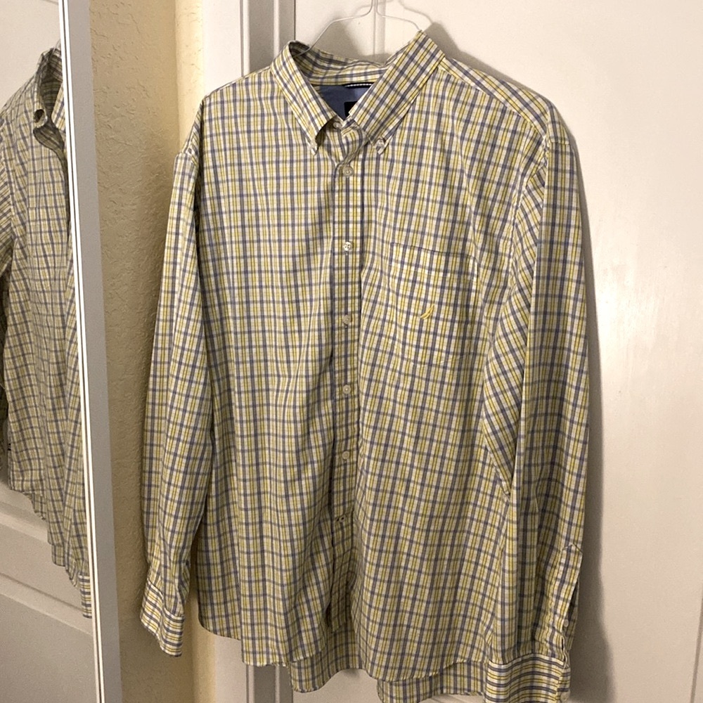 Nautica Mens Size XXL Button Front Long Sleeve Shirt 100% Cotton Yellow Plaid